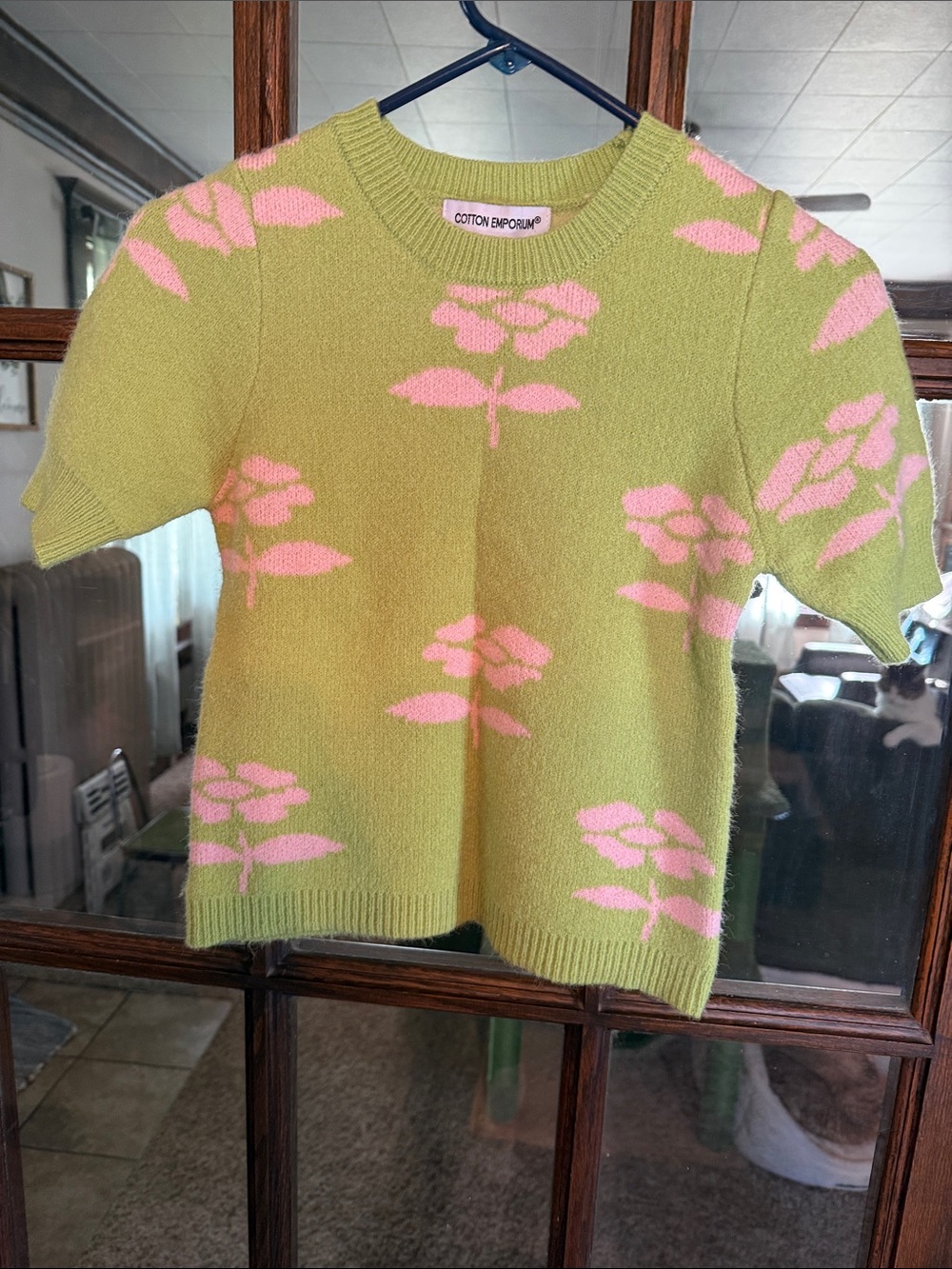 Cotton Emporium Womens XS Lime Green Pink Floral Fuzzy Short Sleeve Sweater Crew